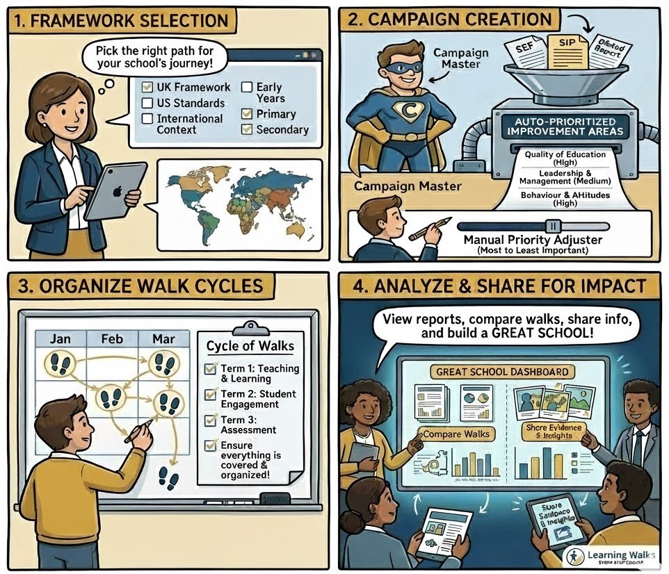 Welcome to your Learning Walks – four panel illustration showing framework selection, campaign creation, organising walk cycles, and analysing for impact.