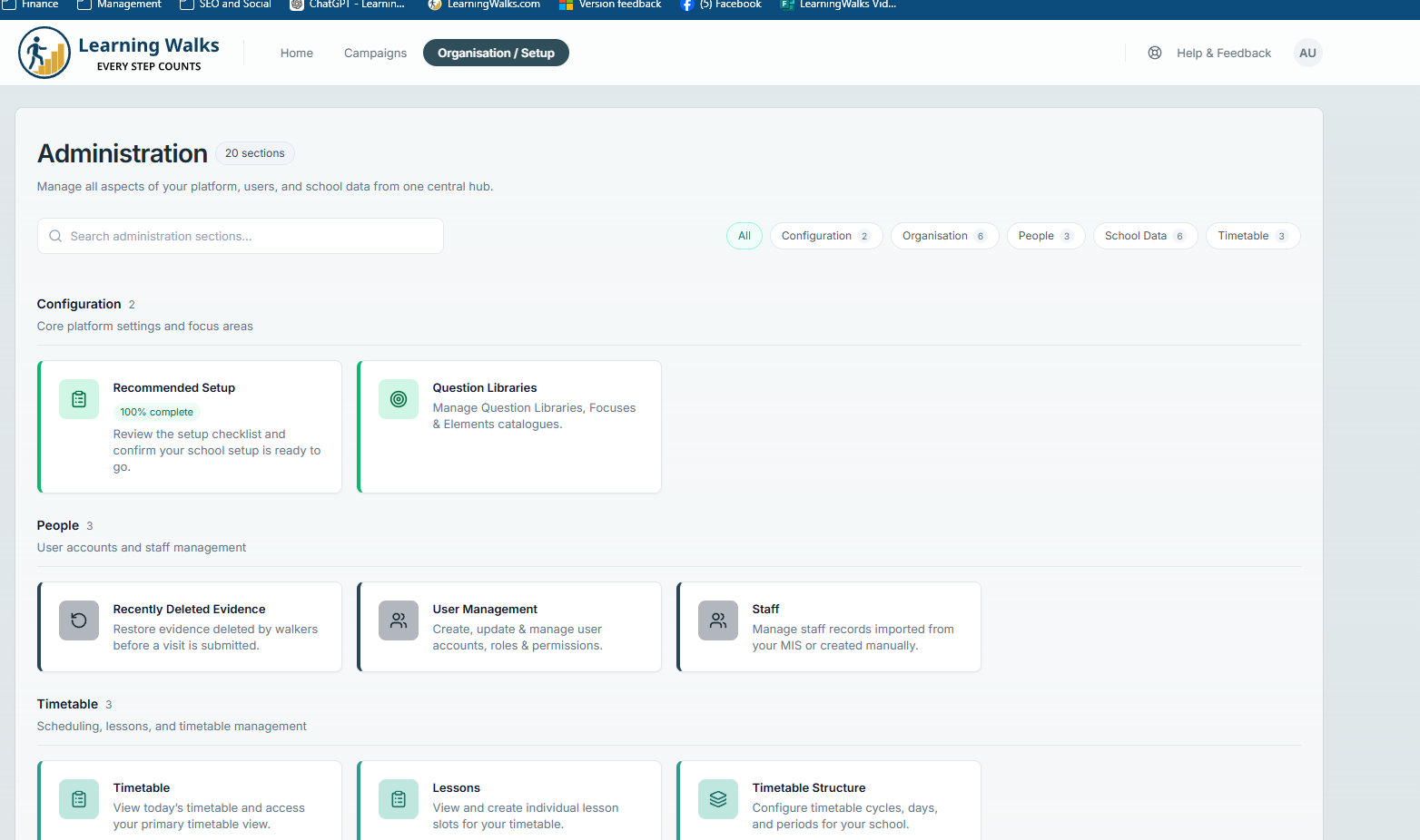 Learning Walks administration hub showing configuration, users, timetable and school data
