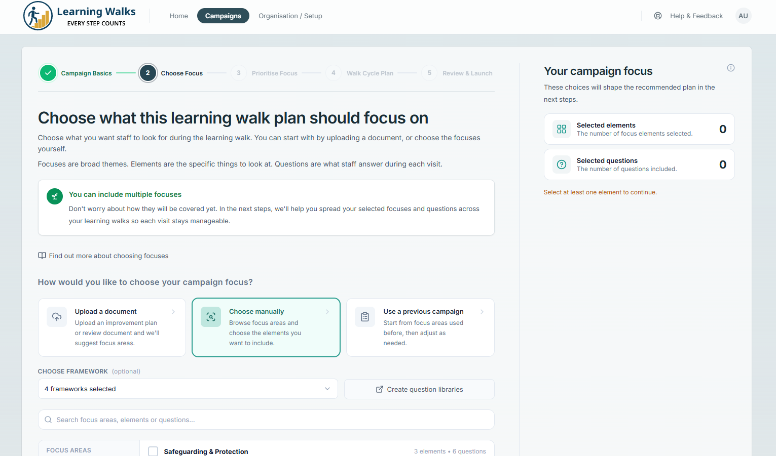 Learning Walks campaign focus selector using frameworks and question libraries