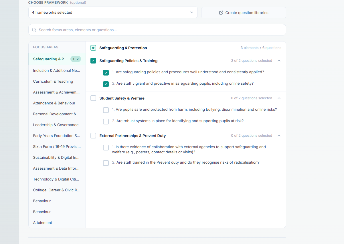 Learning Walks framework browser showing focus areas, elements and questions